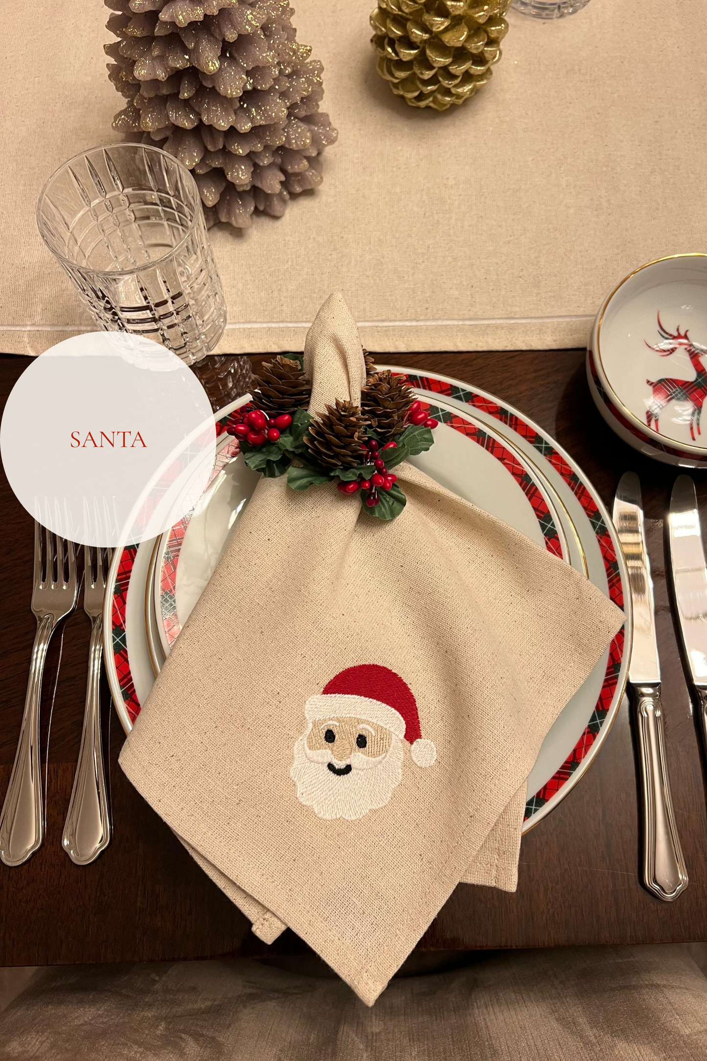 embroidered Christmas cloth napkins Santa holiday joy