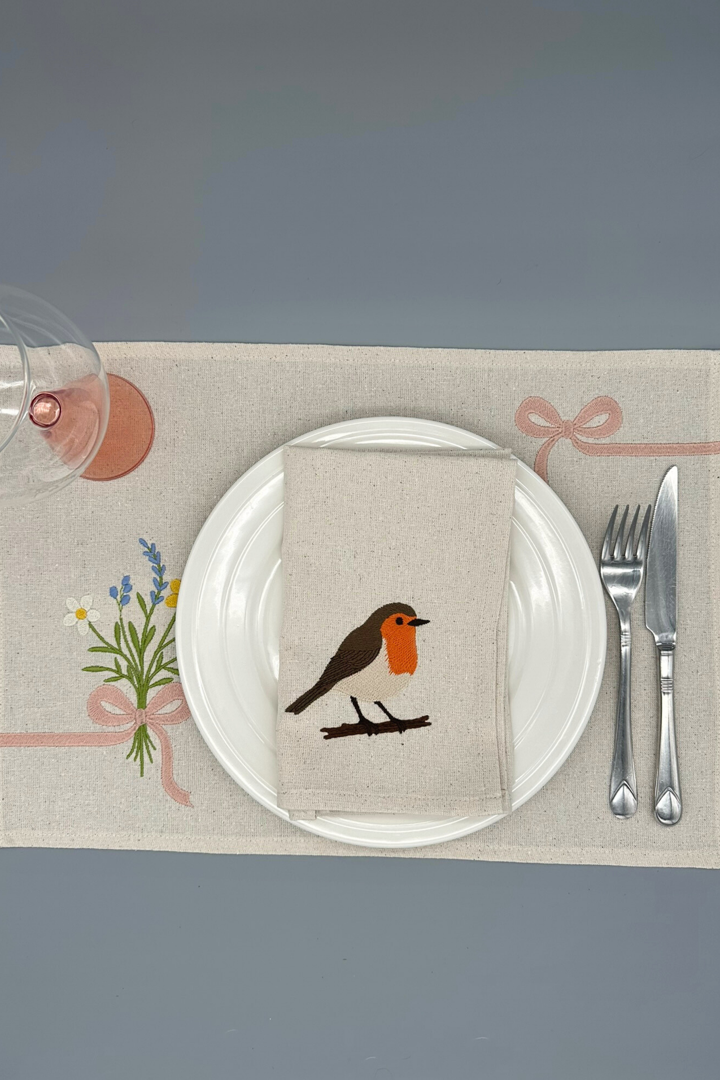 Little Joys of Spring | Wildflower Ribbon Bouquet | Set of 2 Embroidered Linen-Look Placemats