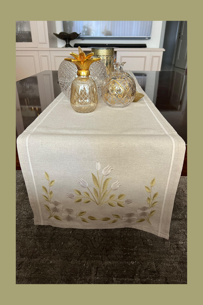 Timeless Blooms | Bloom | Embroidered Linen-Look Runner | Oatmeal