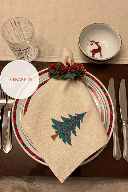 Holiday Joy | Evergreen | Set of 2 Embroidered Linen-Look Napkins