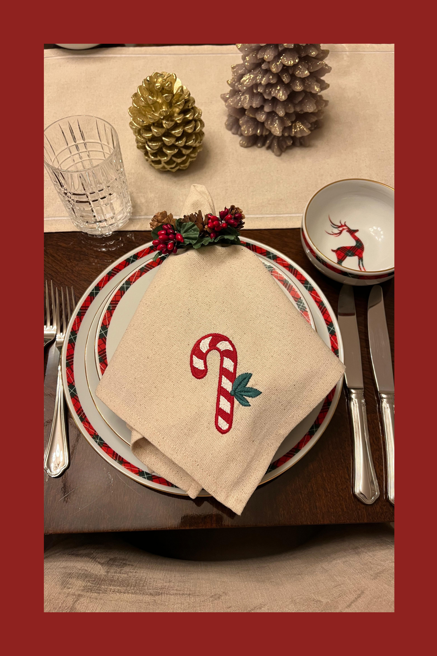 Holiday Joy | Candy Cane | Set of 2 Embroidered Linen-Look Napkins