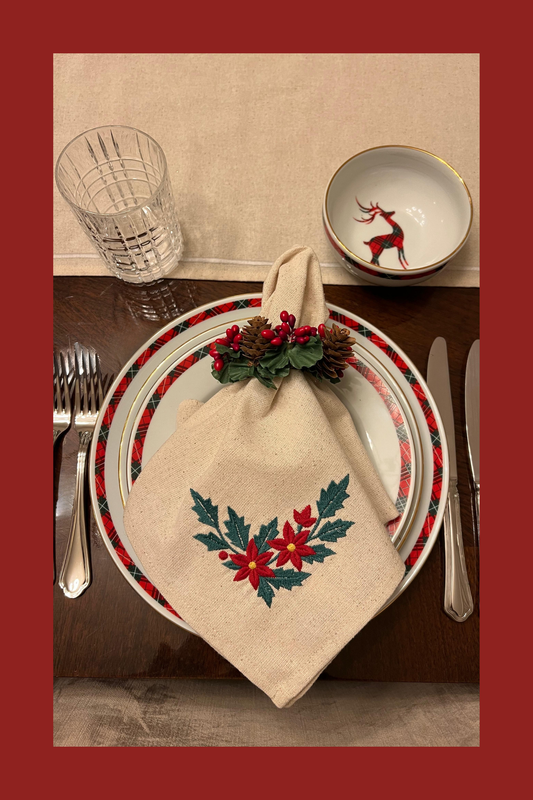 Holiday Joy | Winter Garland | Set of 2 Embroidered Linen-Look Napkins