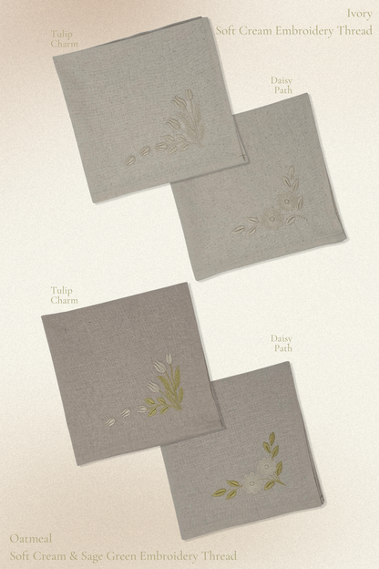 Timeless Blooms | Daisy Path | Set of 2 Embroidered Linen-Look Napkins | Oatmeal