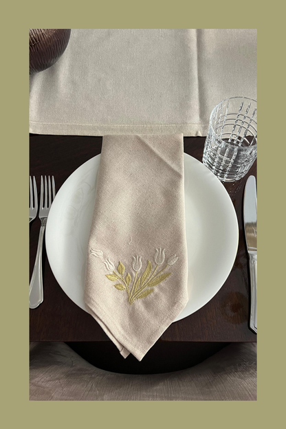 Timeless Blooms | Tulip Charm | Set of 2 Embroidered Linen-Look Napkins | Oatmeal