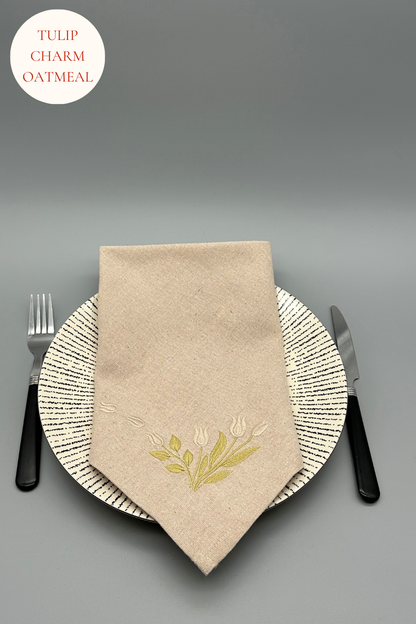 Timeless Blooms | Tulip Charm | Set of 2 Embroidered Linen-Look Napkins | Oatmeal