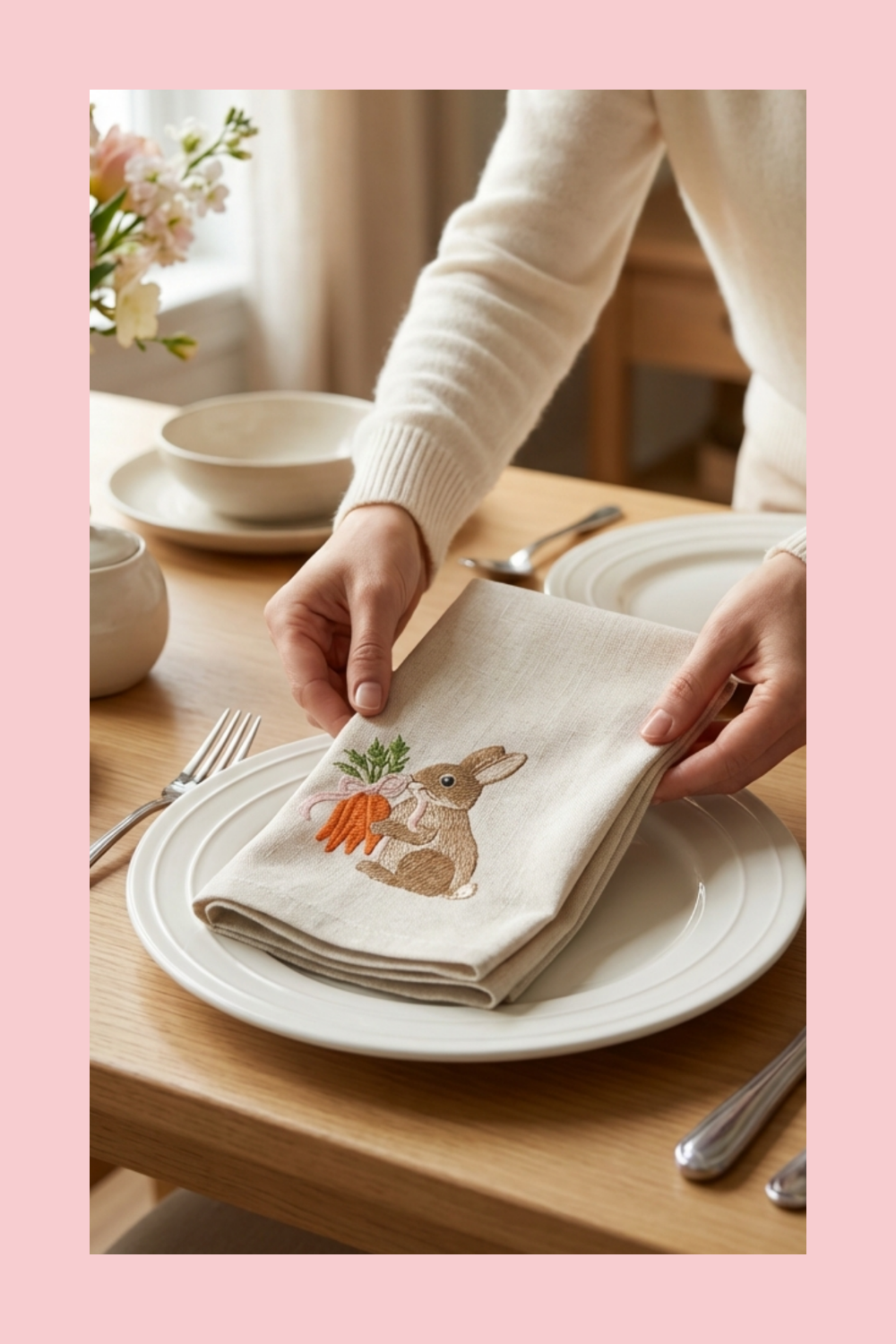 Person placing a decorative napkin with a bunny and carrot design on a plate at a table.