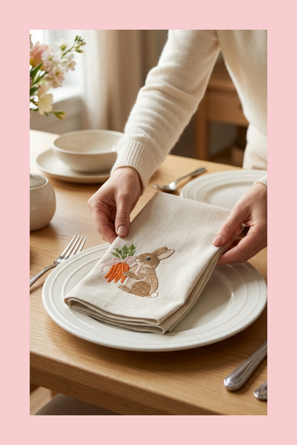 Person placing a decorative napkin with a bunny and carrot design on a plate at a table.
