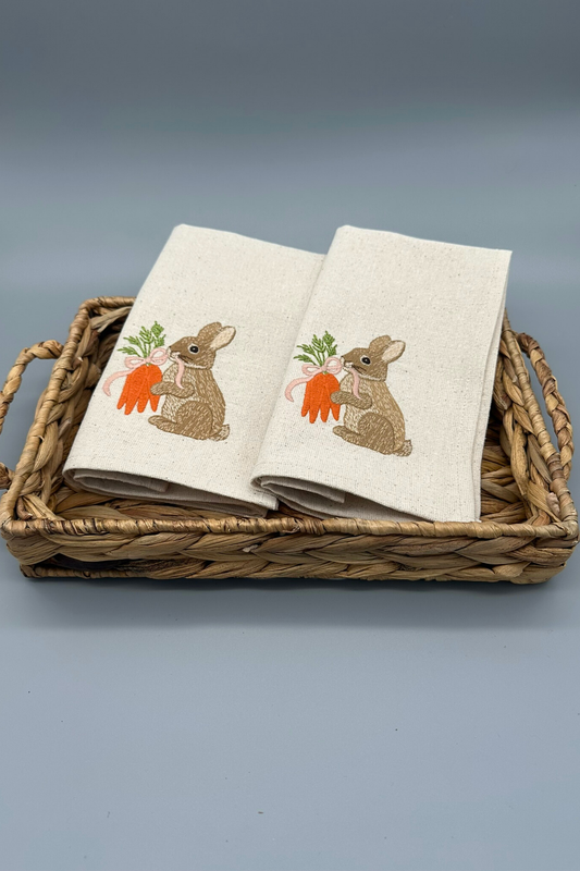 Little Joys of Spring | Bunny and Carrots | Set of 2 Embroidered Linen-Look Napkins
