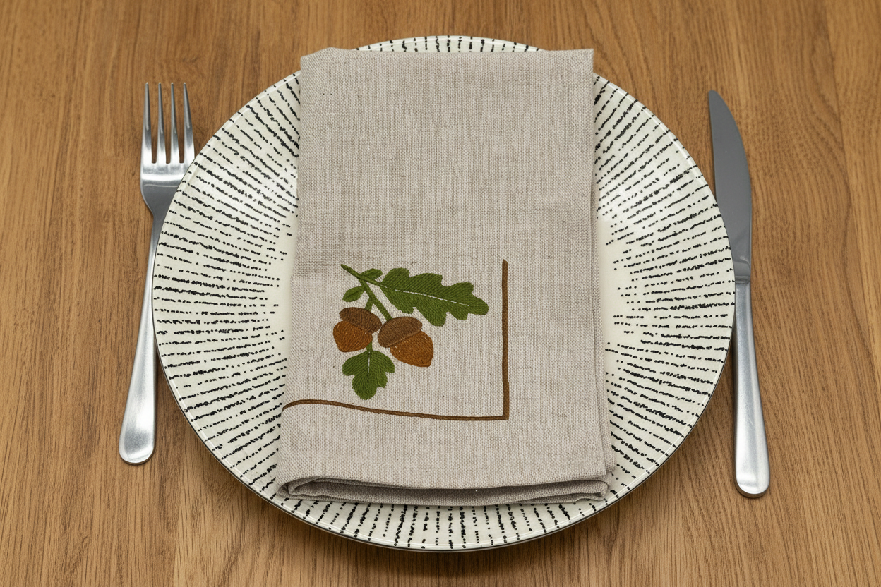 Napkin with oak leaf and acorn design on a patterned plate with cutlery.