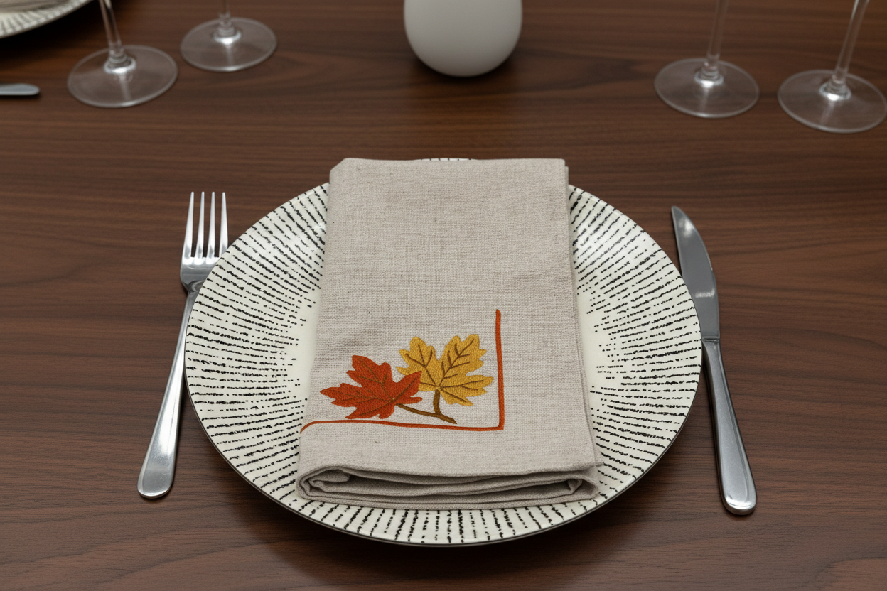 Napkin with leaves on a patterned plate with cutlery.