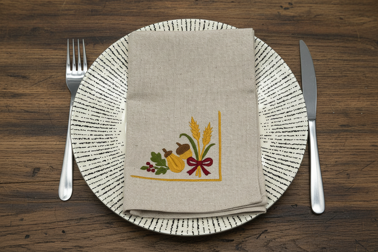 Folded beige napkin with autumnal design on a plate.