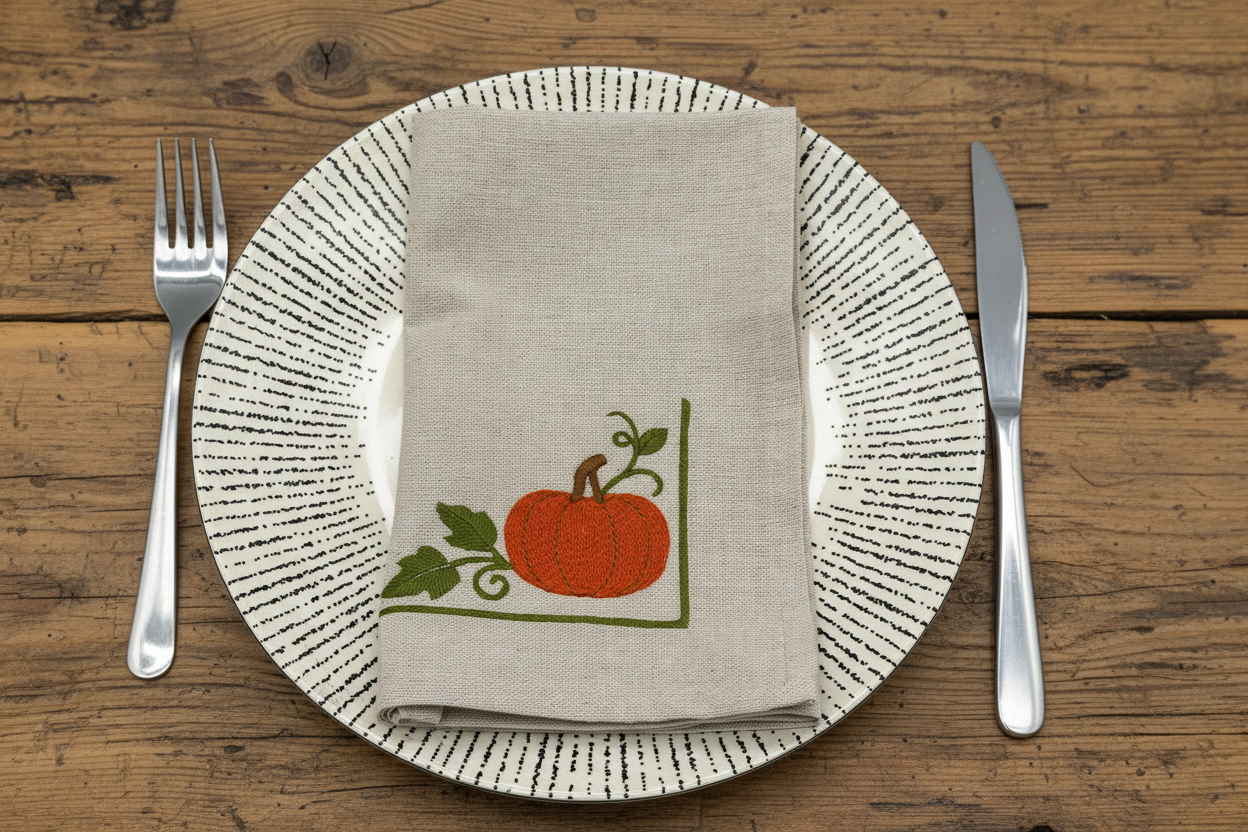 Napkin with pumpkin design on a patterned plate with cutlery