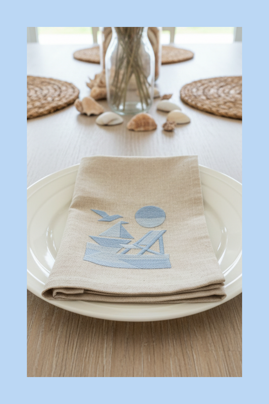 Embroidered napkin with beach design 
