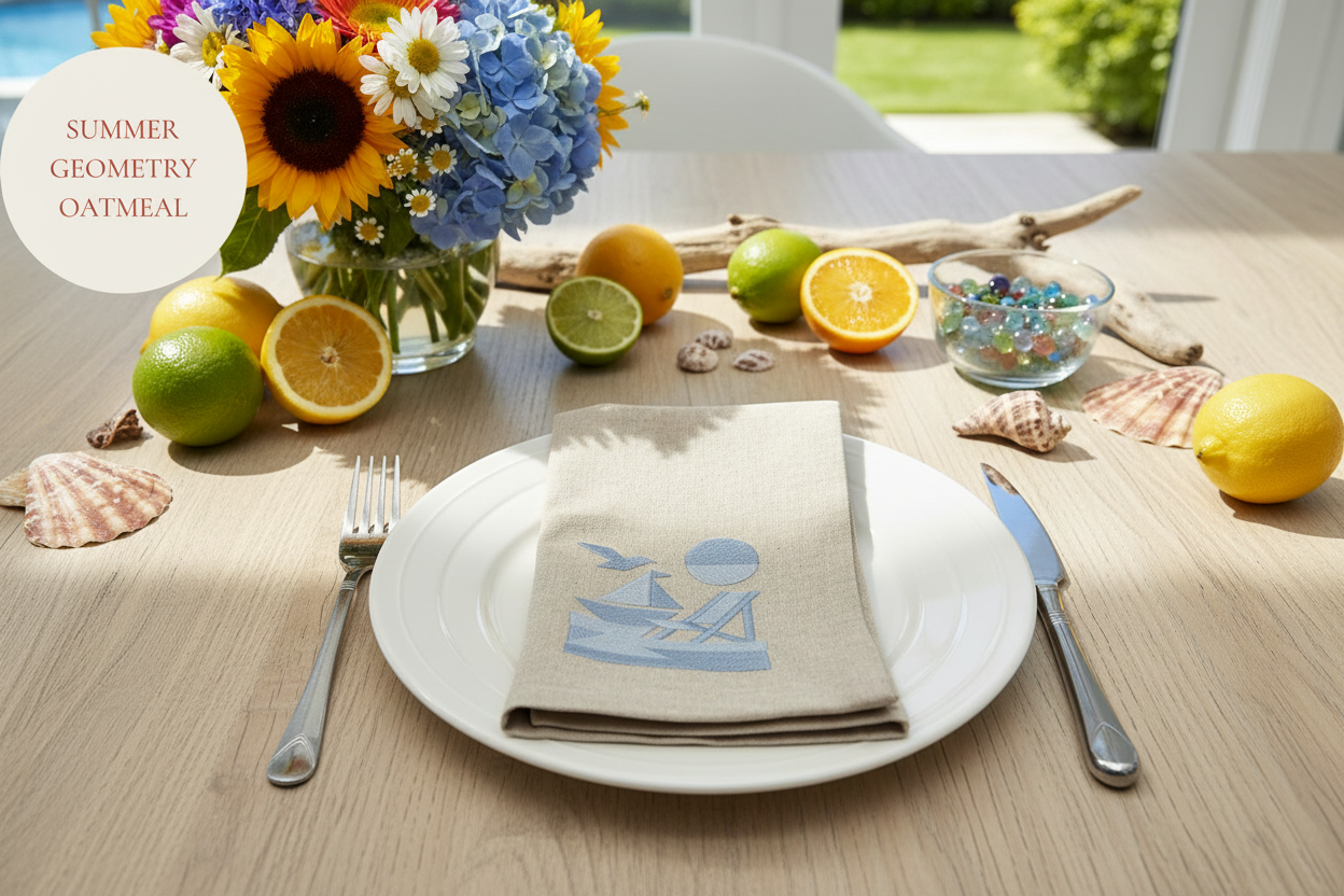 Napkin with embroidered beach design