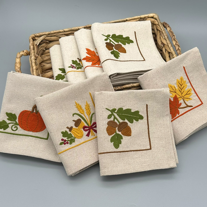 Set of embroidered napkins with autumn designs 