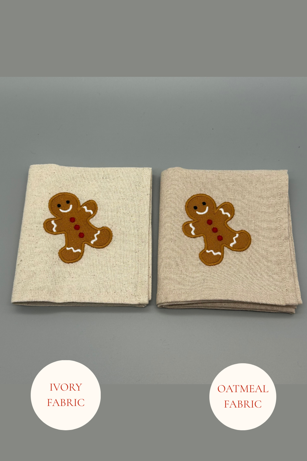 Two folded Gingerbread embroidered  napkins in Oatmeal and Ivory