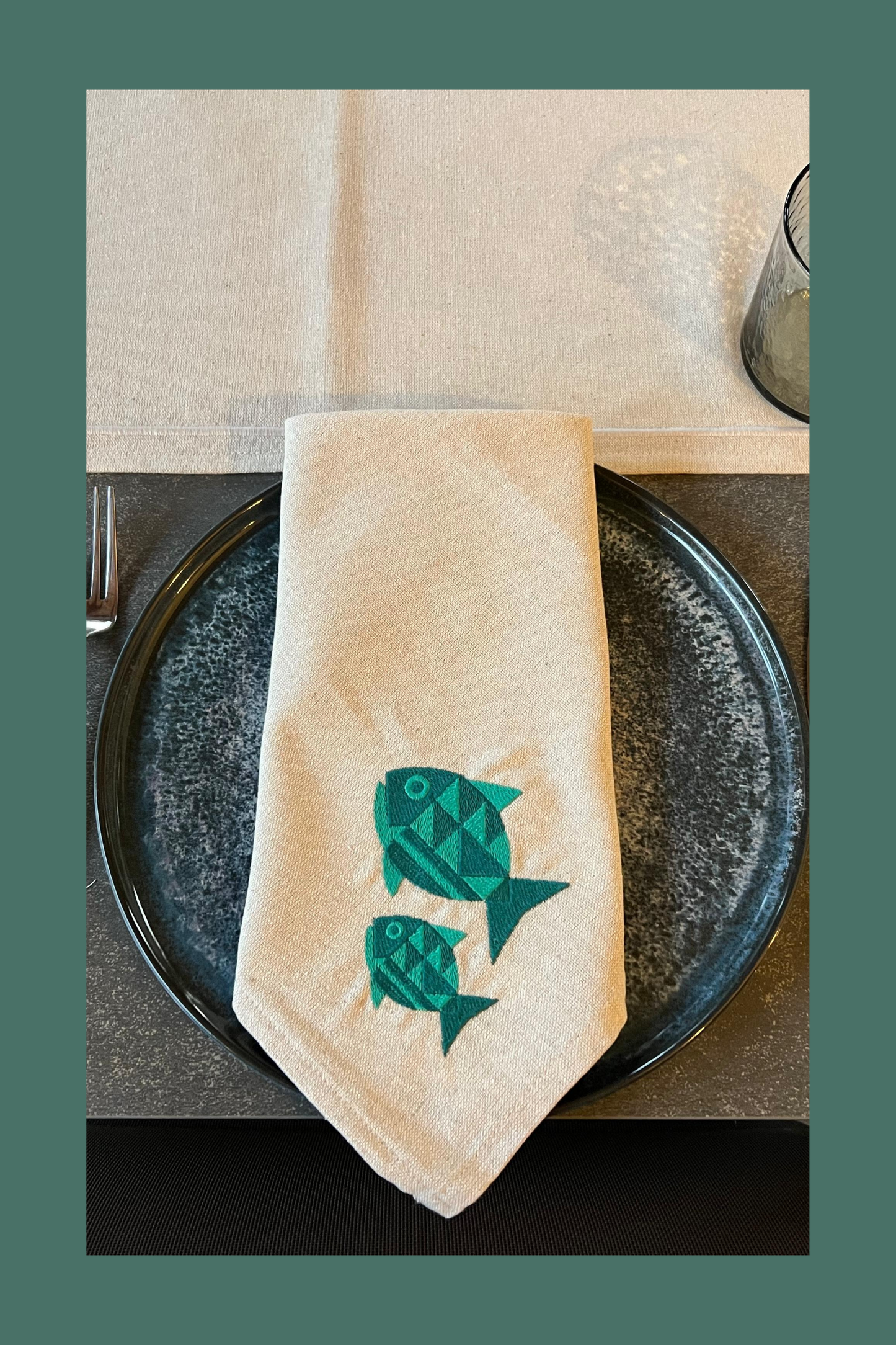 coastal embroidered cloth napkins geometric fish marine mosaic