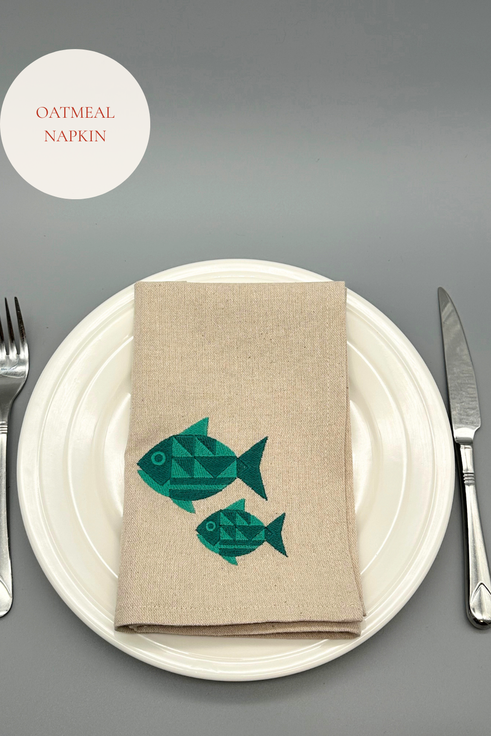 embroidered fish motif detail marine mosaic cloth napkin oatmeal