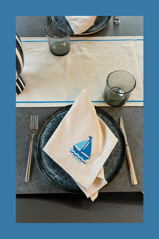 sailboat embroidered cloth napkins ivory morning sail