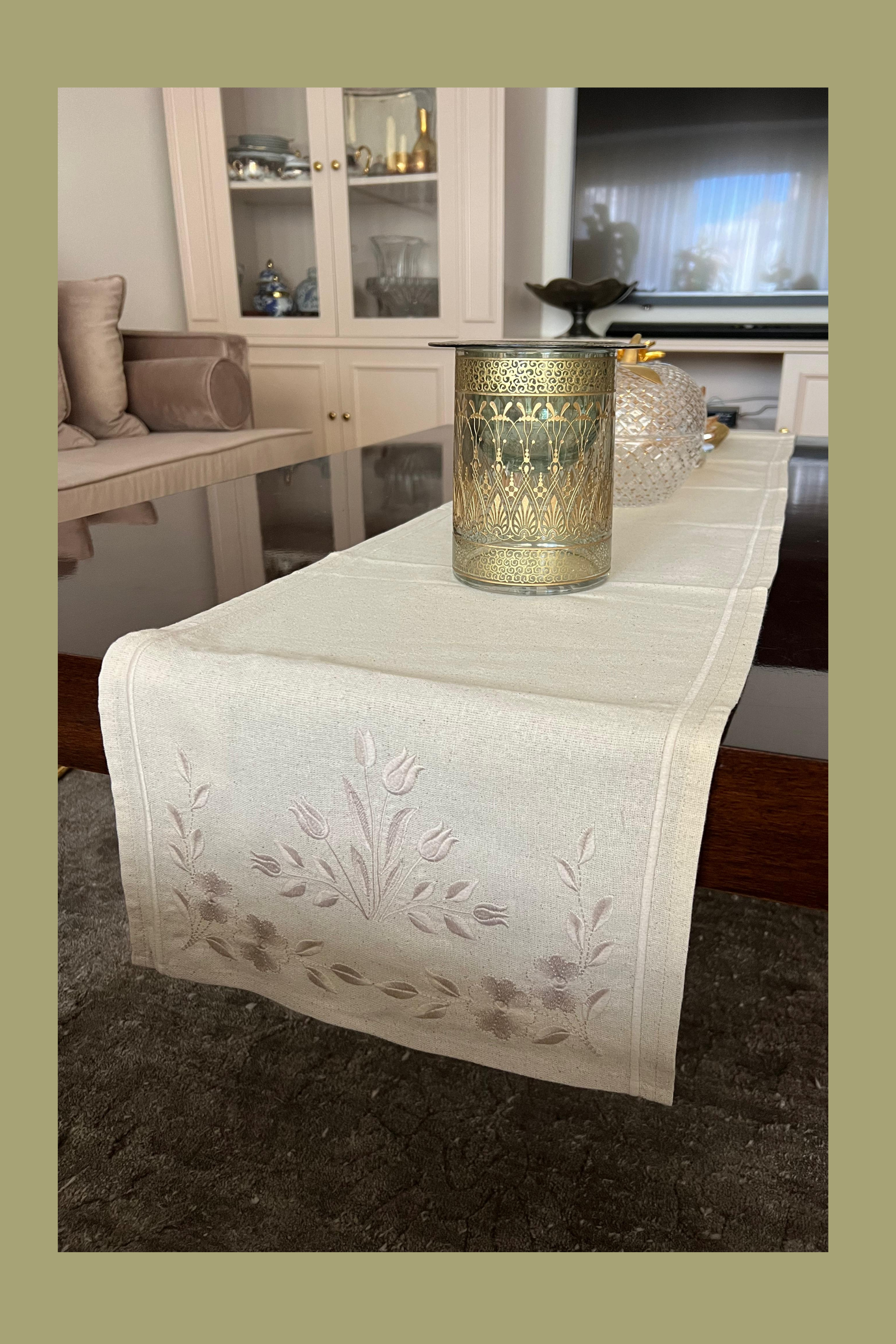 Tulips and daisy embroidered ivory table runner 