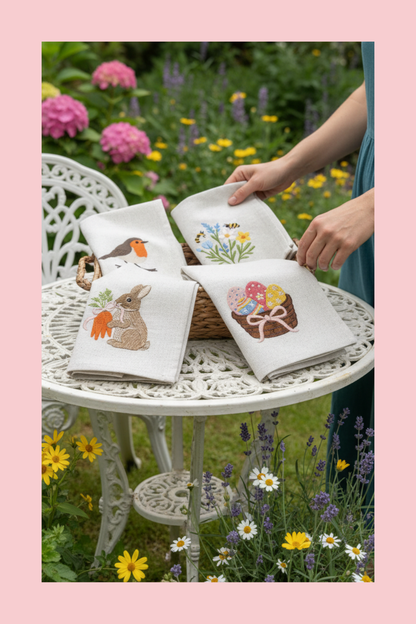 Set of four embroidered napkins with spring themed designs on a wooden surface.