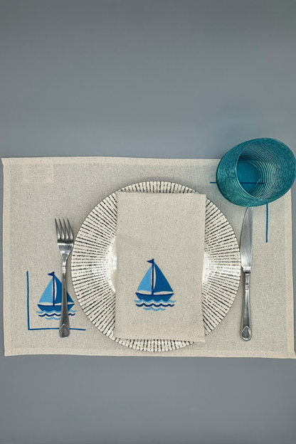 Morning Sail | Set of 2 Embroidered Linen-Look Napkins