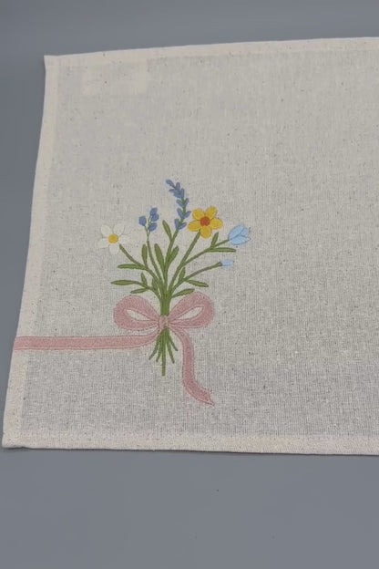 Little Joys of Spring | Wildflower Ribbon Bouquet | Set of 2 Embroidered Linen-Look Placemats