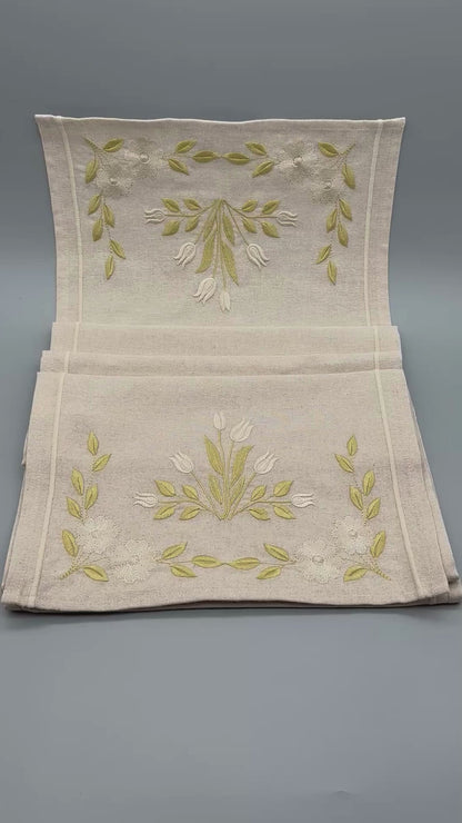 Timeless Blooms | Bloom | Embroidered Linen-Look Runner | Oatmeal