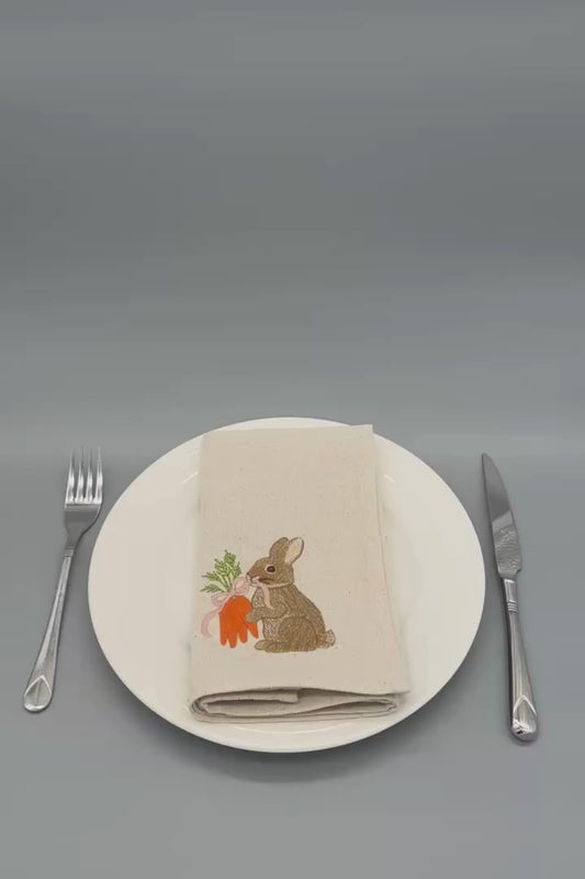 Little Joys of Spring | Bunny and Carrots | Set of 2 Embroidered Linen-Look Napkins