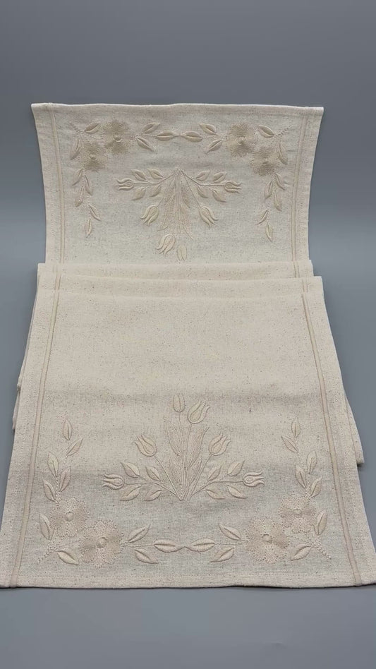 Timeless Blooms | Bloom | Embroidered Linen-Look Runner | Ivory