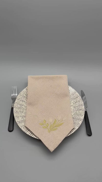 Timeless Blooms | Tulip Charm | Set of 2 Embroidered Linen-Look Napkins | Oatmeal
