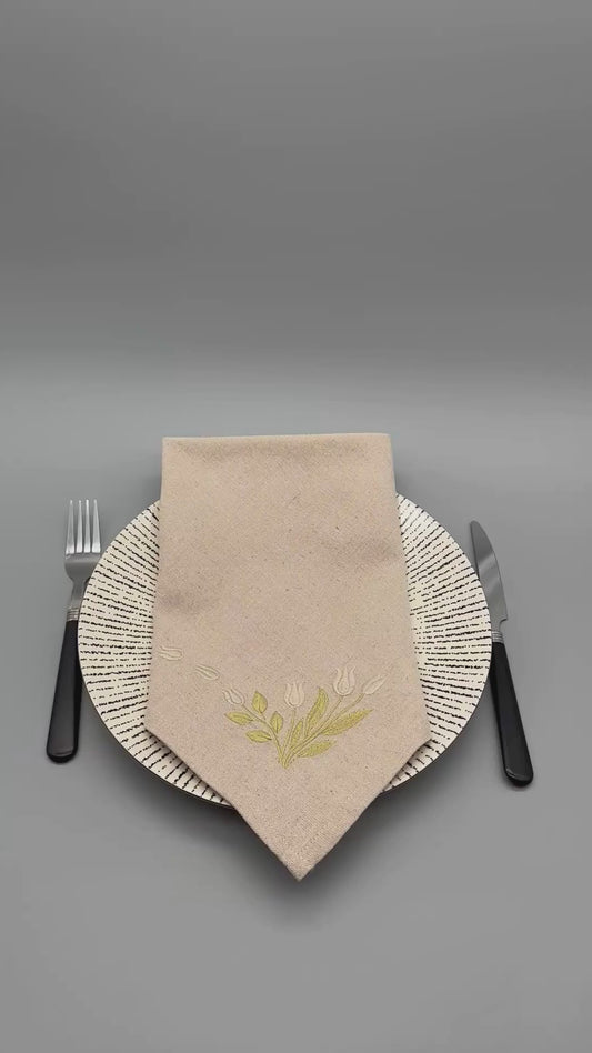 Timeless Blooms | Tulip Charm | Set of 2 Embroidered Linen-Look Napkins | Oatmeal