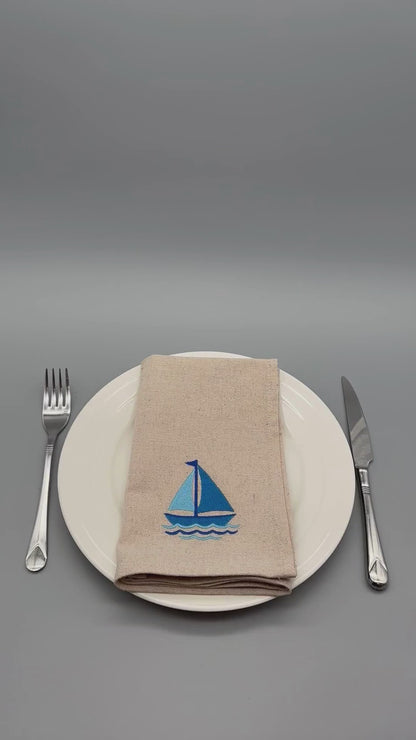 Morning Sail | Set of 2 Embroidered Linen-Look Napkins