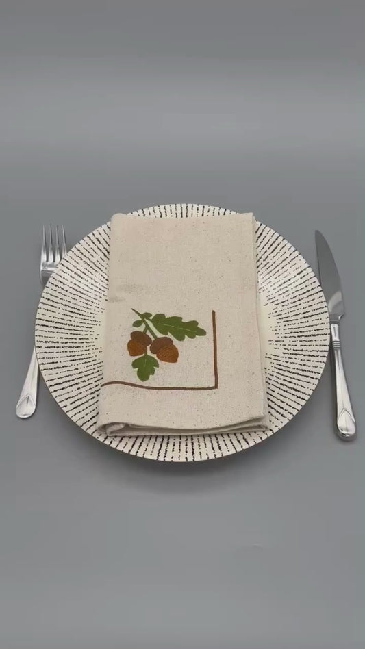 Gather & Harvest | Acorn Branch | Set of 2 Embroidered Linen-Look Napkins