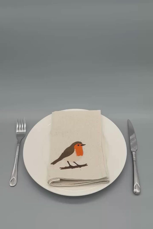 Little Joys of Spring | Robin | Set of 2 Embroidered Linen-Look Napkins