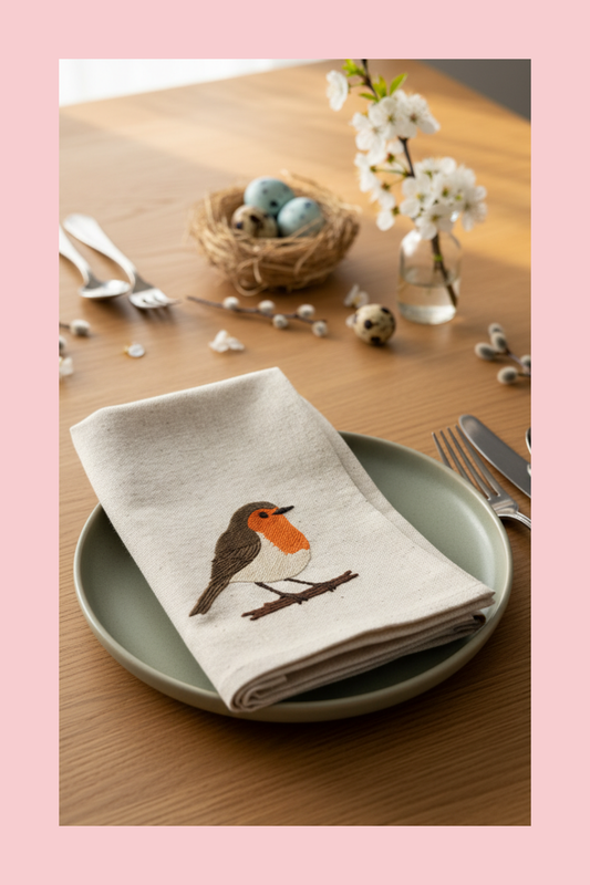 Napkin with embroidered robin design on a plate with a table setting in the background