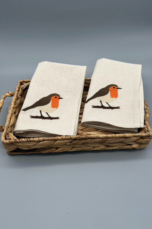 Little Joys of Spring | Robin | Set of 2 Embroidered Linen-Look Napkins