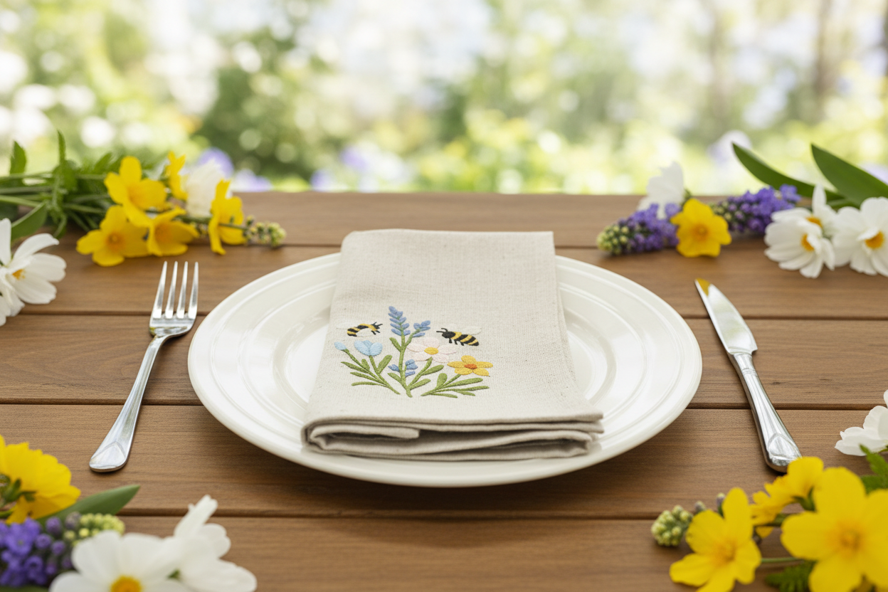 Table setting with embroidered napkin featuring floral and bee design on a wooden table with flowers.