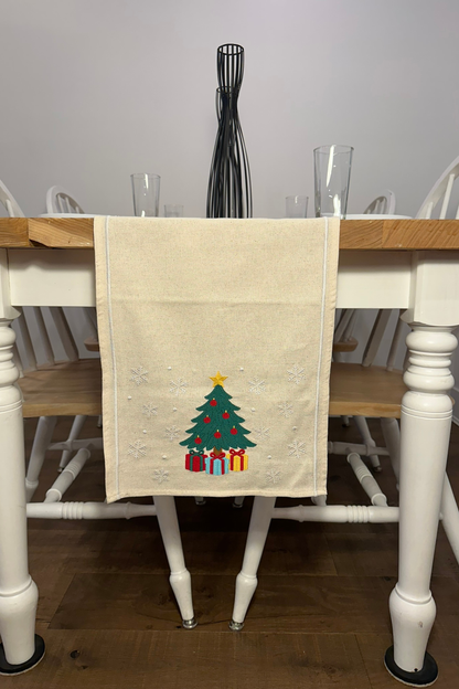 holiday tree embroidery detail table runner