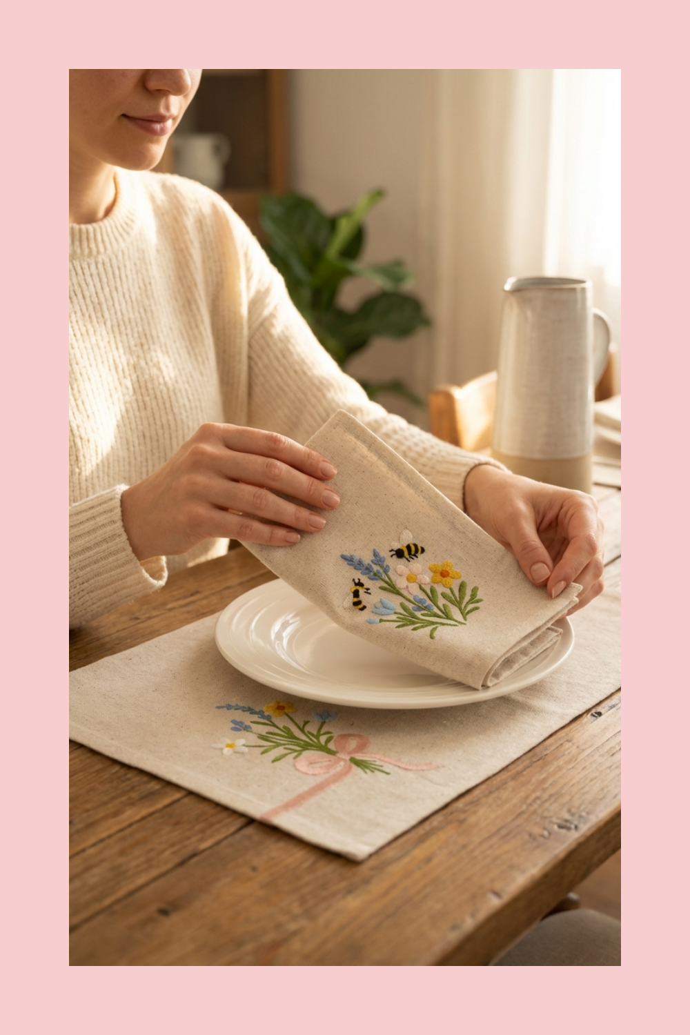 Little Joys of Spring | Wildflower Ribbon Bouquet | Set of 2 Embroidered Linen-Look Placemats
