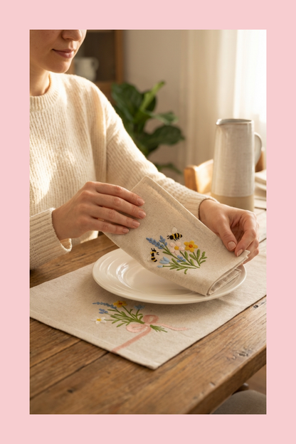 Little Joys of Spring | Wildflower Ribbon Bouquet | Set of 2 Embroidered Linen-Look Placemats