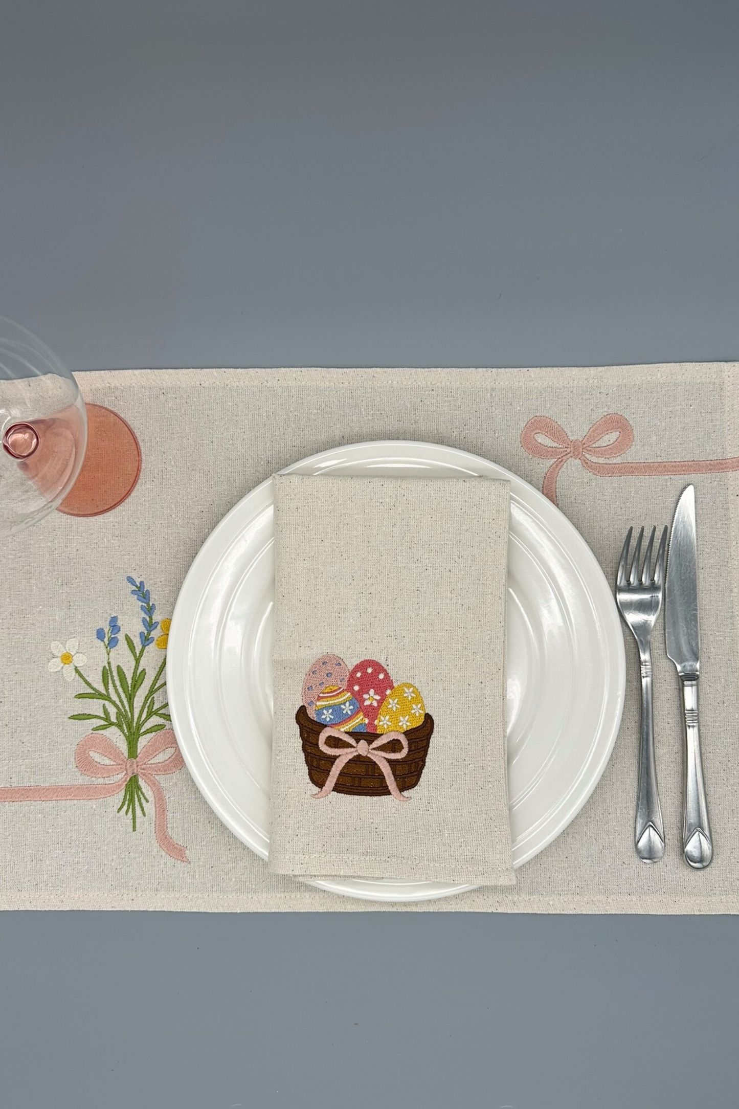 Little Joys of Spring | Easter Basket | Set of 2 Embroidered Linen-Look Napkins