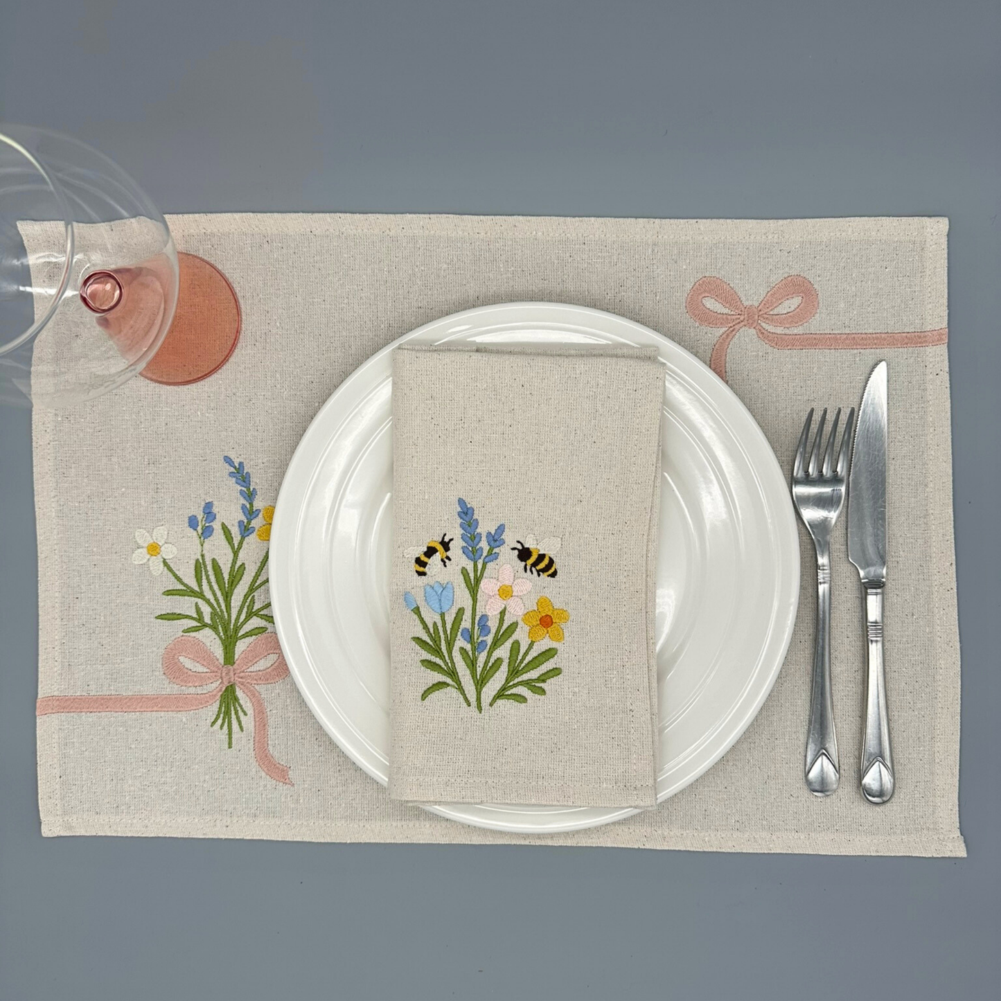 Little Joys of Spring | Spring Blossom | Set of 2 Embroidered Linen-Look Napkins