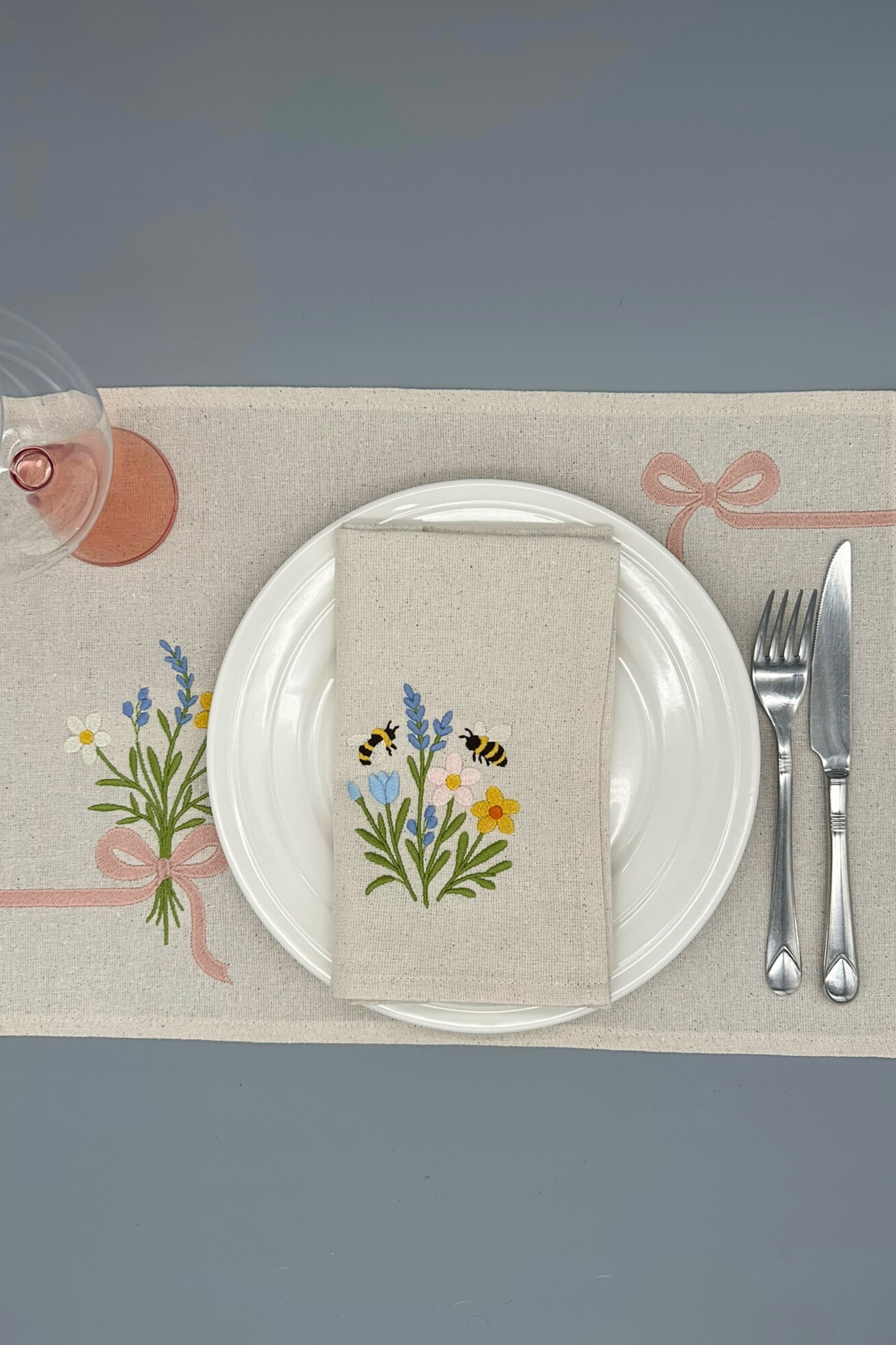 Little Joys of Spring | Wildflower Ribbon Bouquet | Set of 2 Embroidered Linen-Look Placemats