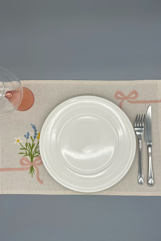 Little Joys of Spring | Wildflower Ribbon Bouquet | Set of 2 Embroidered Linen-Look Placemats