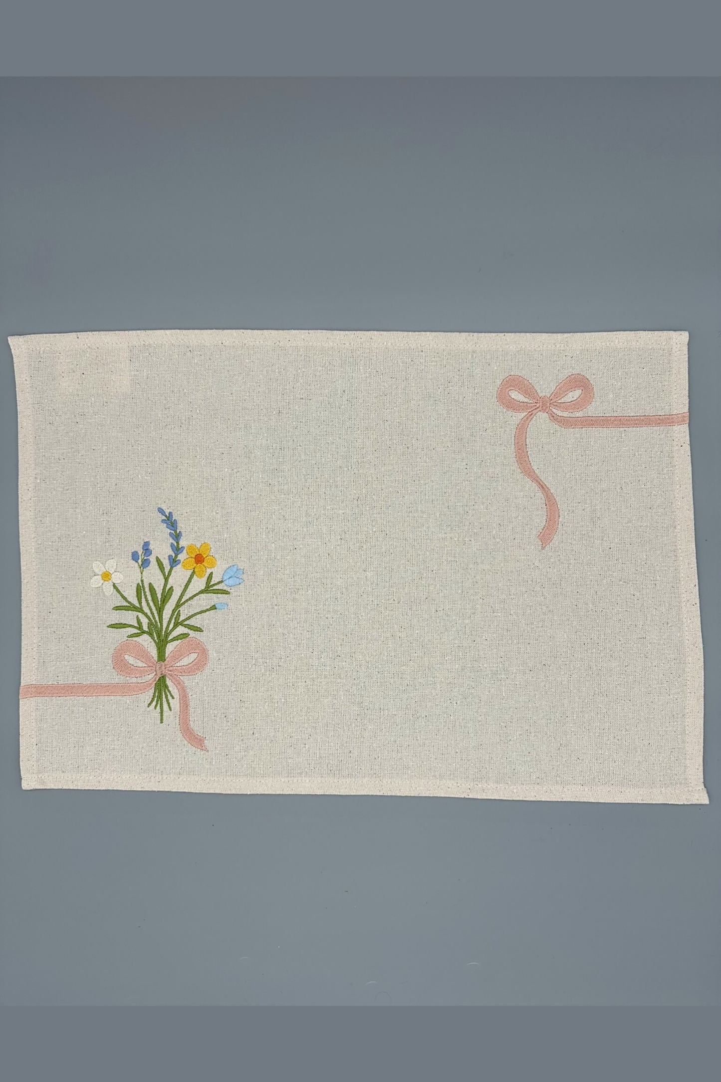 Little Joys of Spring | Wildflower Ribbon Bouquet | Set of 2 Embroidered Linen-Look Placemats