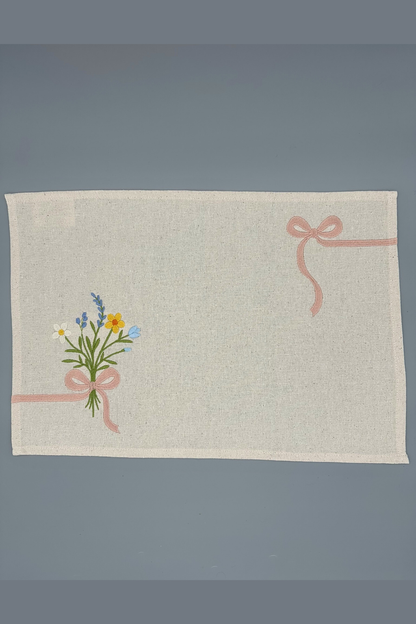 Little Joys of Spring | Wildflower Ribbon Bouquet | Set of 2 Embroidered Linen-Look Placemats